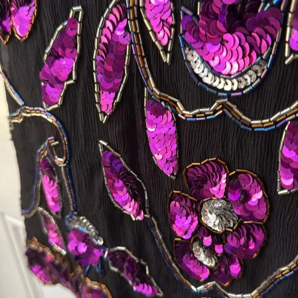 GORGEOUS RAZZLE DAZZLE 100% silk beaded top Sz M black purple sequins luxurious - Picture 8 of 10